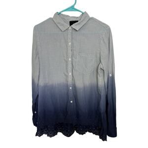 Blue Gray Long Sleeve Collared Striped Top Size Small Coastal Cowgirl Boho